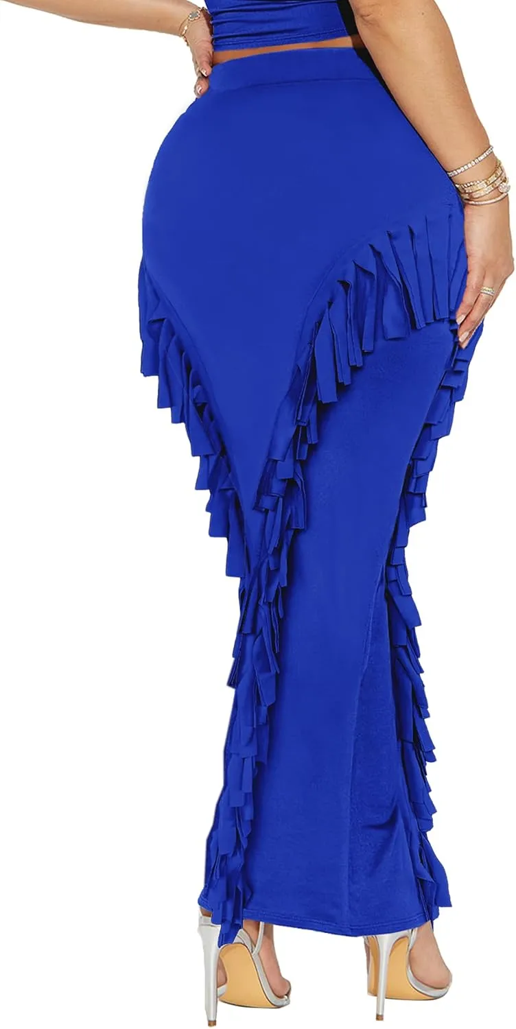 Women's Fringe Skirt Side Tassel Elastic High Waisted Pencil Long Maxi Skirts Bodycon