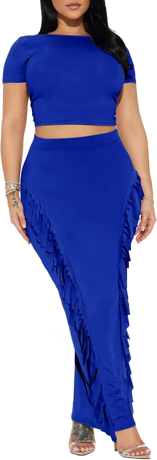 Women's Fringe Skirt Side Tassel Elastic High Waisted Pencil Long Maxi Skirts Bodycon