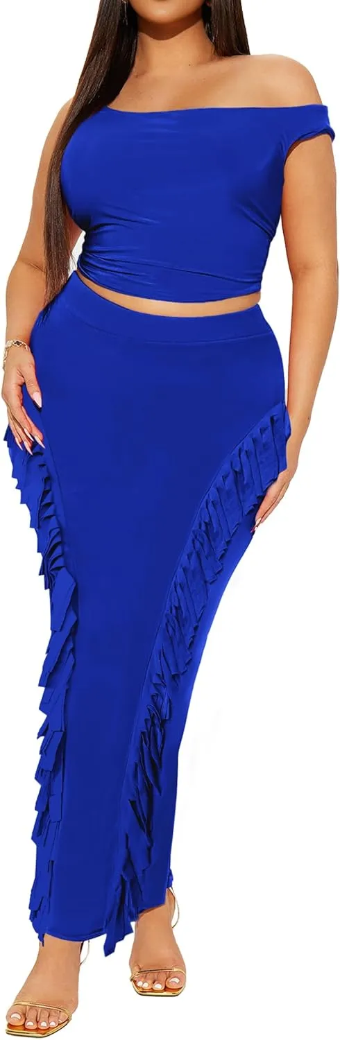 Women's Fringe Skirt Side Tassel Elastic High Waisted Pencil Long Maxi Skirts Bodycon