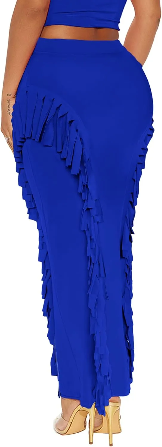Women's Fringe Skirt Side Tassel Elastic High Waisted Pencil Long Maxi Skirts Bodycon