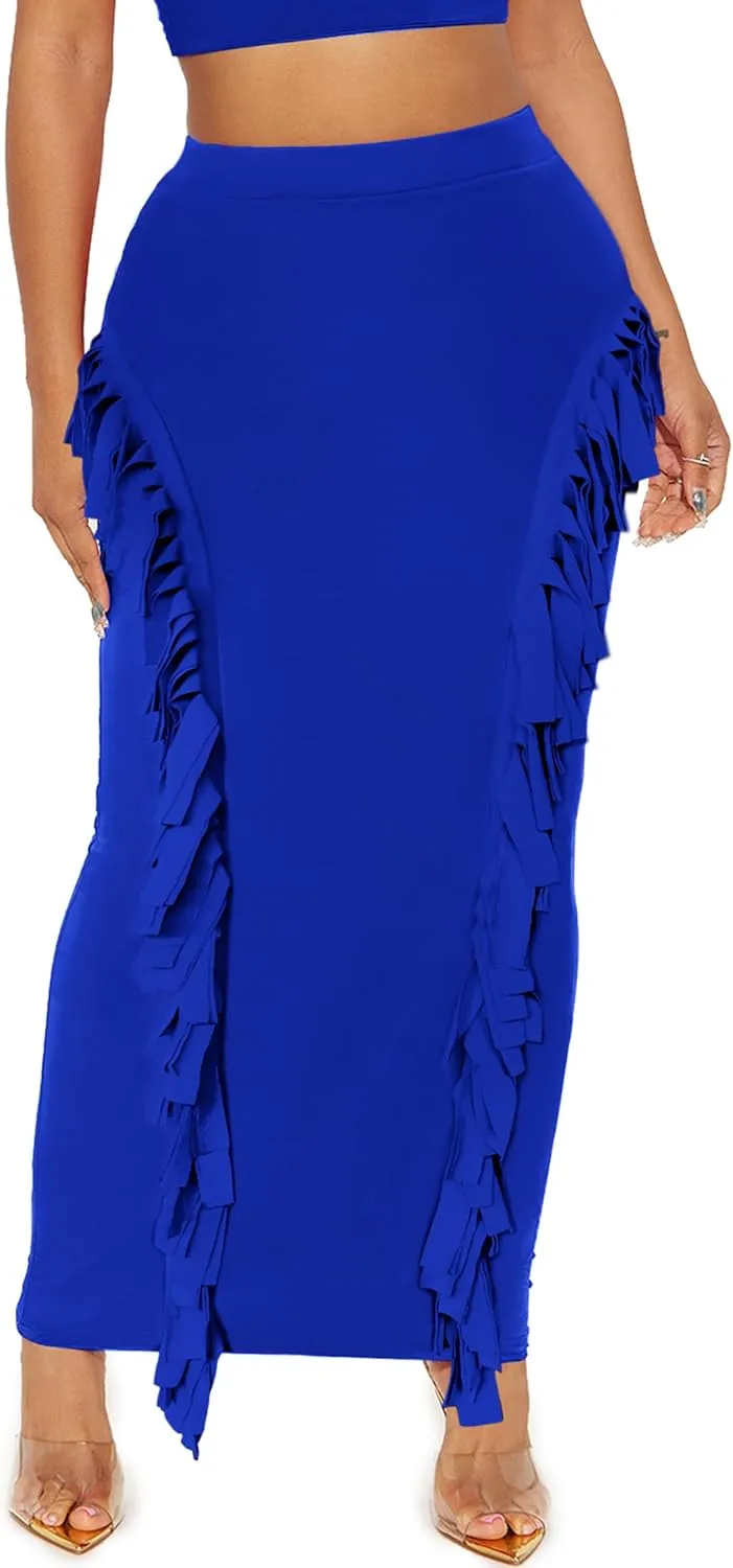 Women's Fringe Skirt Side Tassel Elastic High Waisted Pencil Long Maxi Skirts Bodycon