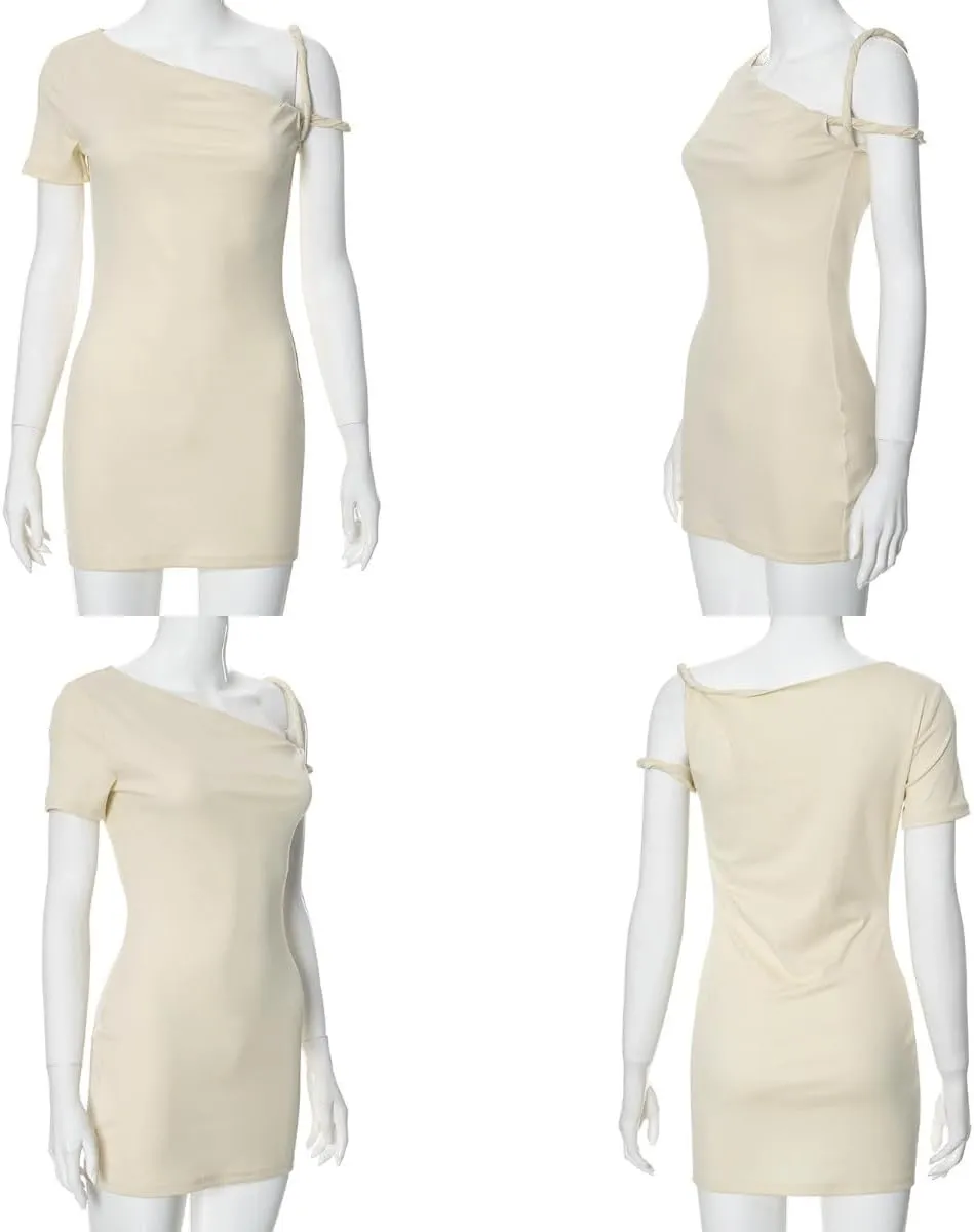 Women's Sexy Asymmetrical Twist One Shoulder Mini Dress Single Short Sleeve Knot Ruched Bodycon Y2K Party Dresses