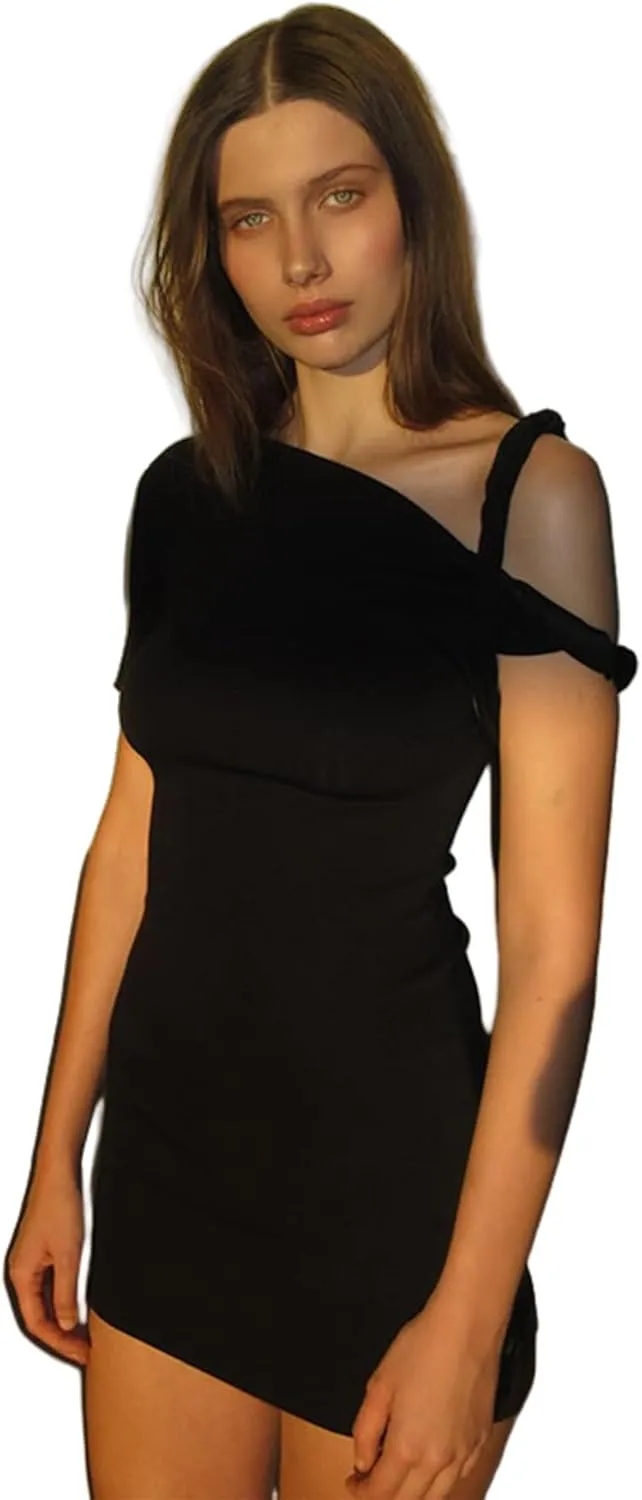 Women's Sexy Asymmetrical Twist One Shoulder Mini Dress Single Short Sleeve Knot Ruched Bodycon Y2K Party Dresses