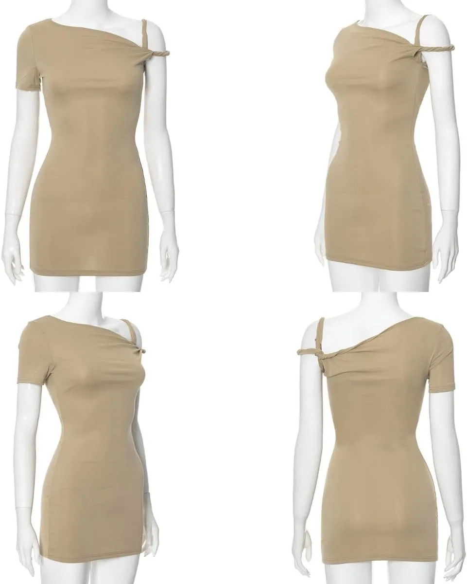 Women's Sexy Asymmetrical Twist One Shoulder Mini Dress Single Short Sleeve Knot Ruched Bodycon Y2K Party Dresses