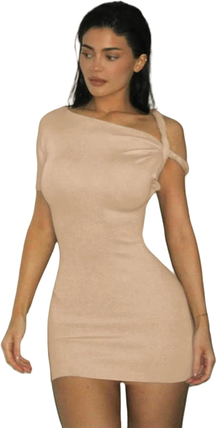 Women's Sexy Asymmetrical Twist One Shoulder Mini Dress Single Short Sleeve Knot Ruched Bodycon Y2K Party Dresses