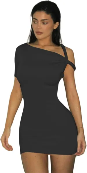 Women's Sexy Asymmetrical Twist One Shoulder Mini Dress Single Short Sleeve Knot Ruched Bodycon Y2K Party Dresses
