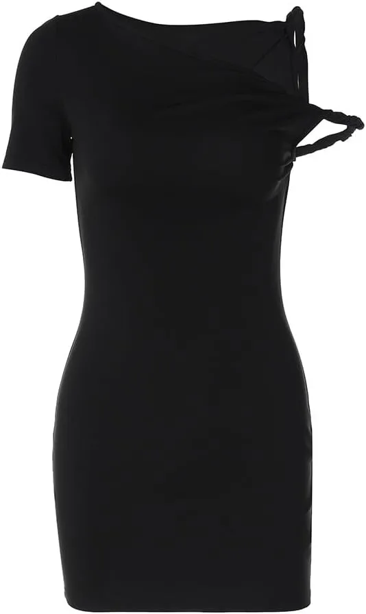 Women's Sexy Asymmetrical Twist One Shoulder Mini Dress Single Short Sleeve Knot Ruched Bodycon Y2K Party Dresses