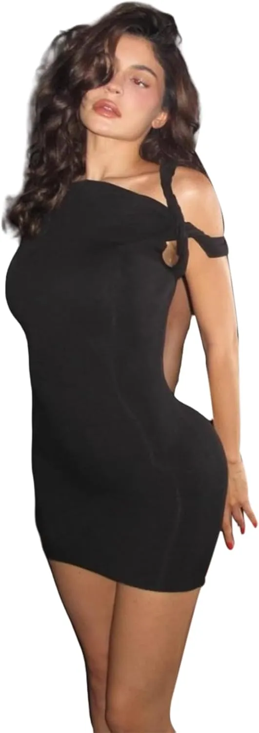 Women's Sexy Asymmetrical Twist One Shoulder Mini Dress Single Short Sleeve Knot Ruched Bodycon Y2K Party Dresses