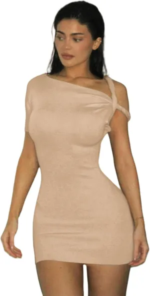 Women's Sexy Asymmetrical Twist One Shoulder Mini Dress Single Short Sleeve Knot Ruched Bodycon Y2K Party Dresses