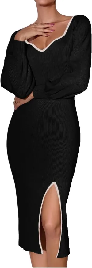 Womens Sexy V Neck Going Out Club Midi Stretch Slit Dress