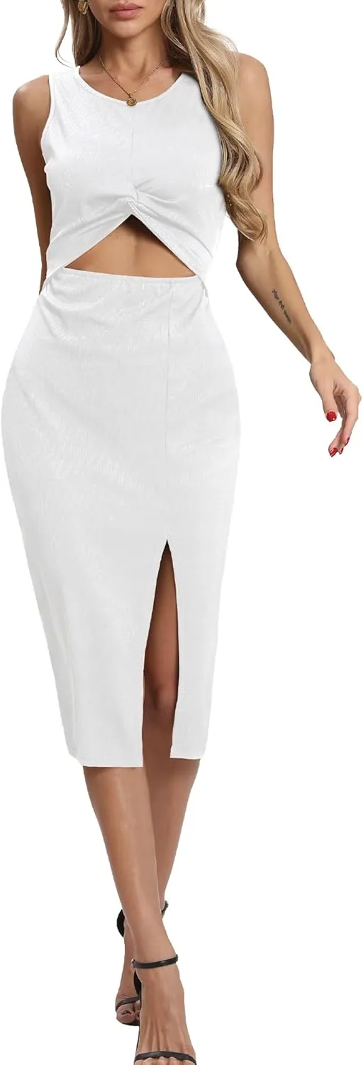 Women's Summer Dress with Slit Sleeveless Crew Neck Cutout Twist Front Crisscorss Ribbed Knit Bodycon Midi Casual Dresses