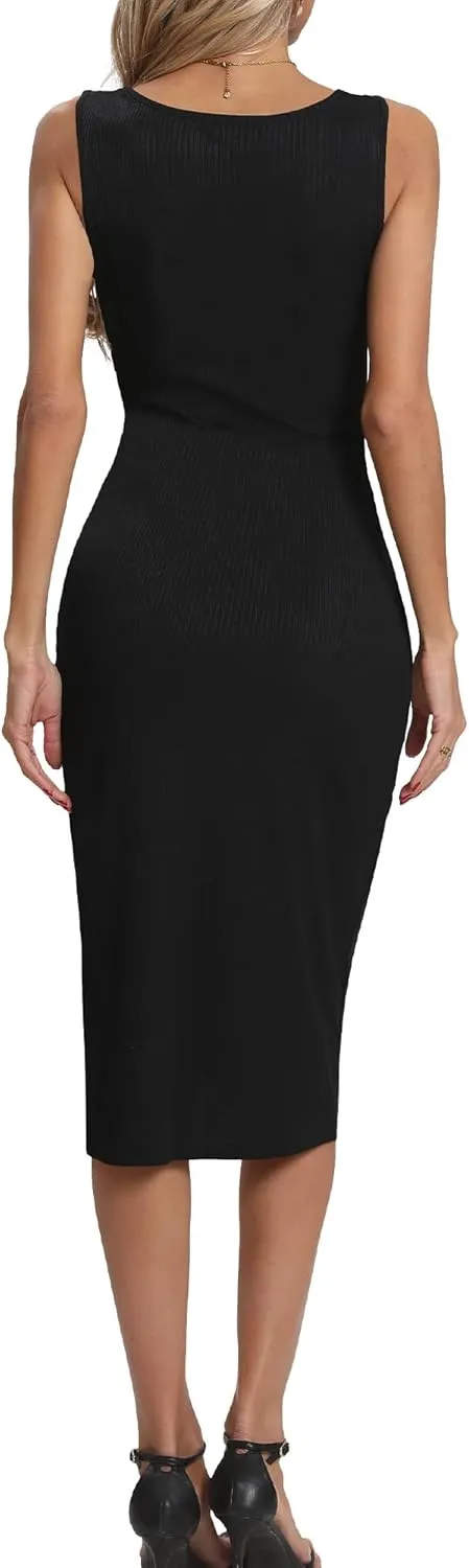 Women's Summer Dress with Slit Sleeveless Crew Neck Cutout Twist Front Crisscorss Ribbed Knit Bodycon Midi Casual Dresses