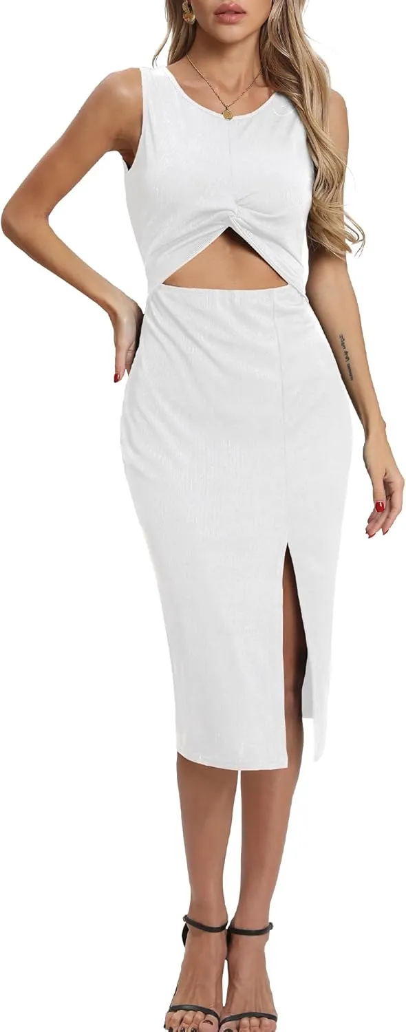 Women's Summer Dress with Slit Sleeveless Crew Neck Cutout Twist Front Crisscorss Ribbed Knit Bodycon Midi Casual Dresses
