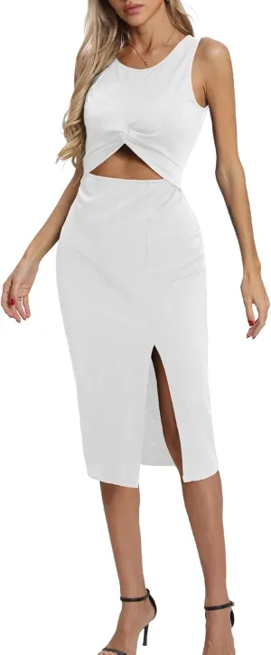 Women's Summer Dress with Slit Sleeveless Crew Neck Cutout Twist Front Crisscorss Ribbed Knit Bodycon Midi Casual Dresses