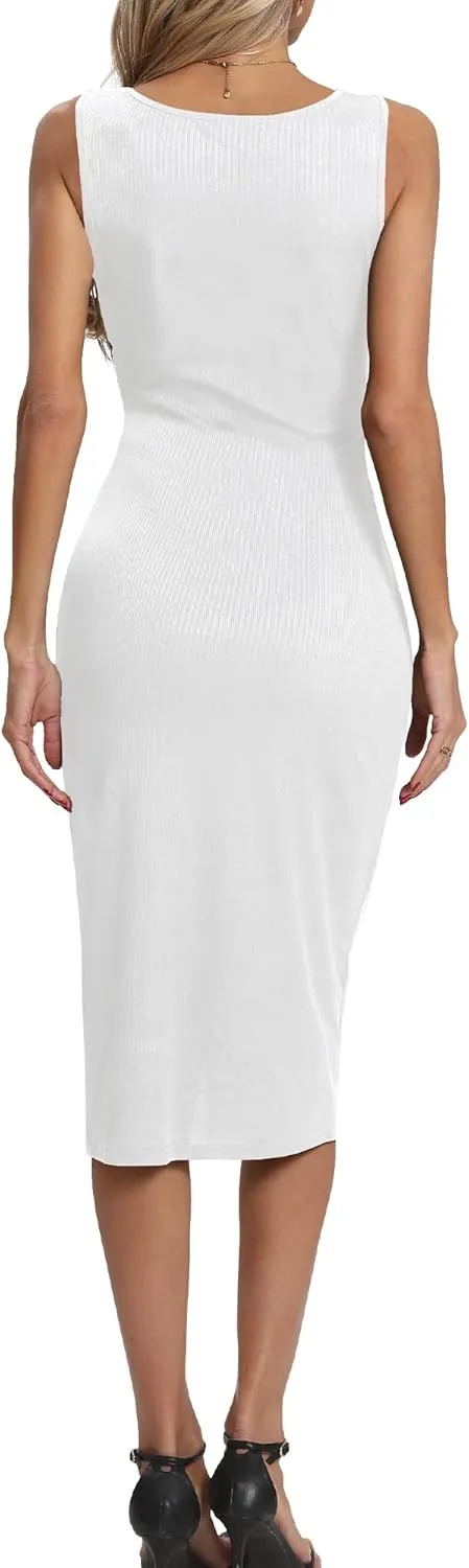 Women's Summer Dress with Slit Sleeveless Crew Neck Cutout Twist Front Crisscorss Ribbed Knit Bodycon Midi Casual Dresses