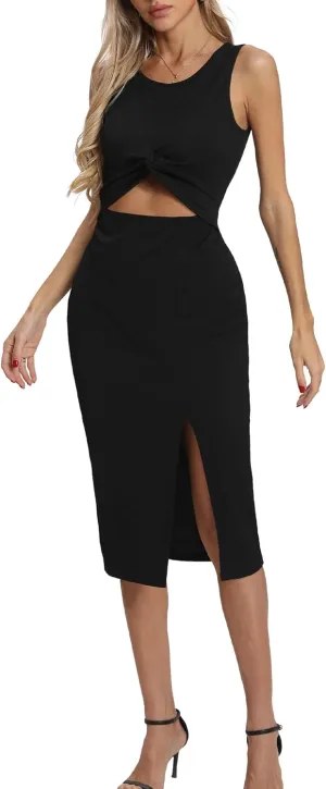 Women's Summer Dress with Slit Sleeveless Crew Neck Cutout Twist Front Crisscorss Ribbed Knit Bodycon Midi Casual Dresses