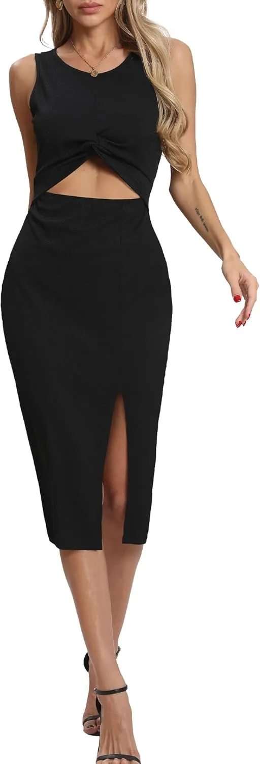 Women's Summer Dress with Slit Sleeveless Crew Neck Cutout Twist Front Crisscorss Ribbed Knit Bodycon Midi Casual Dresses