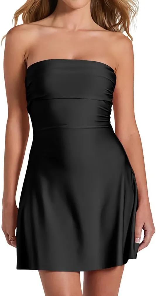 XXTAXN Women's Sexy Tube Strapless Ruched A Line Wedding Guest Cocktail Satin Mini Dress