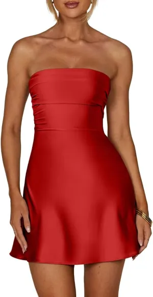XXTAXN Women's Sexy Tube Strapless Ruched A Line Wedding Guest Cocktail Satin Mini Dress