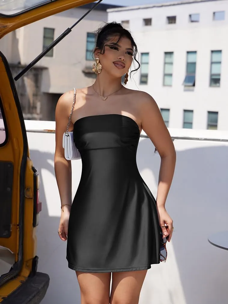 XXTAXN Women's Sexy Tube Strapless Ruched A Line Wedding Guest Cocktail Satin Mini Dress