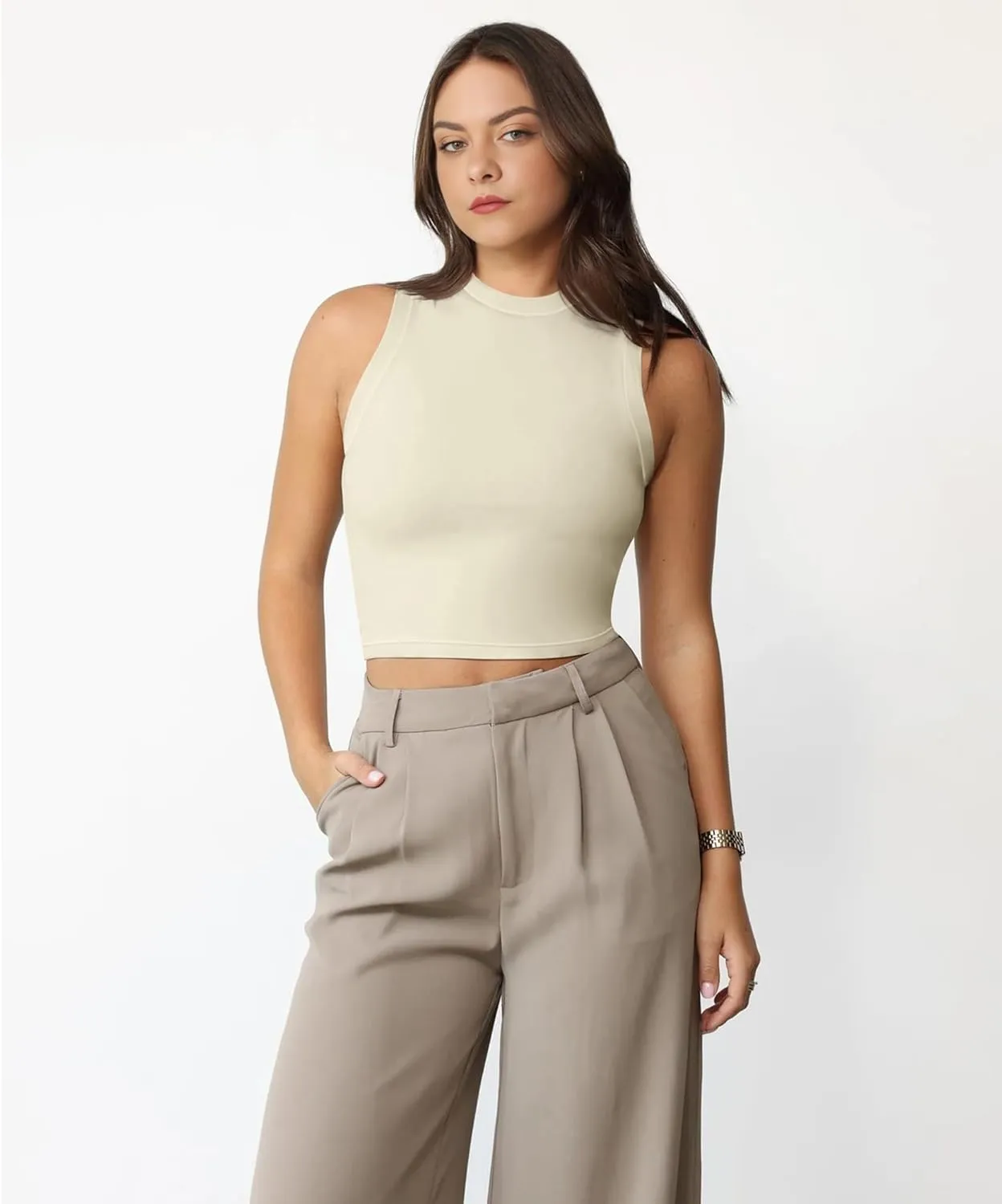 YIANNA Women's Sleeveless Crop Tops Cotton Slim Fit Basic Tee Mock Neck Tank Casual Going Out Top
