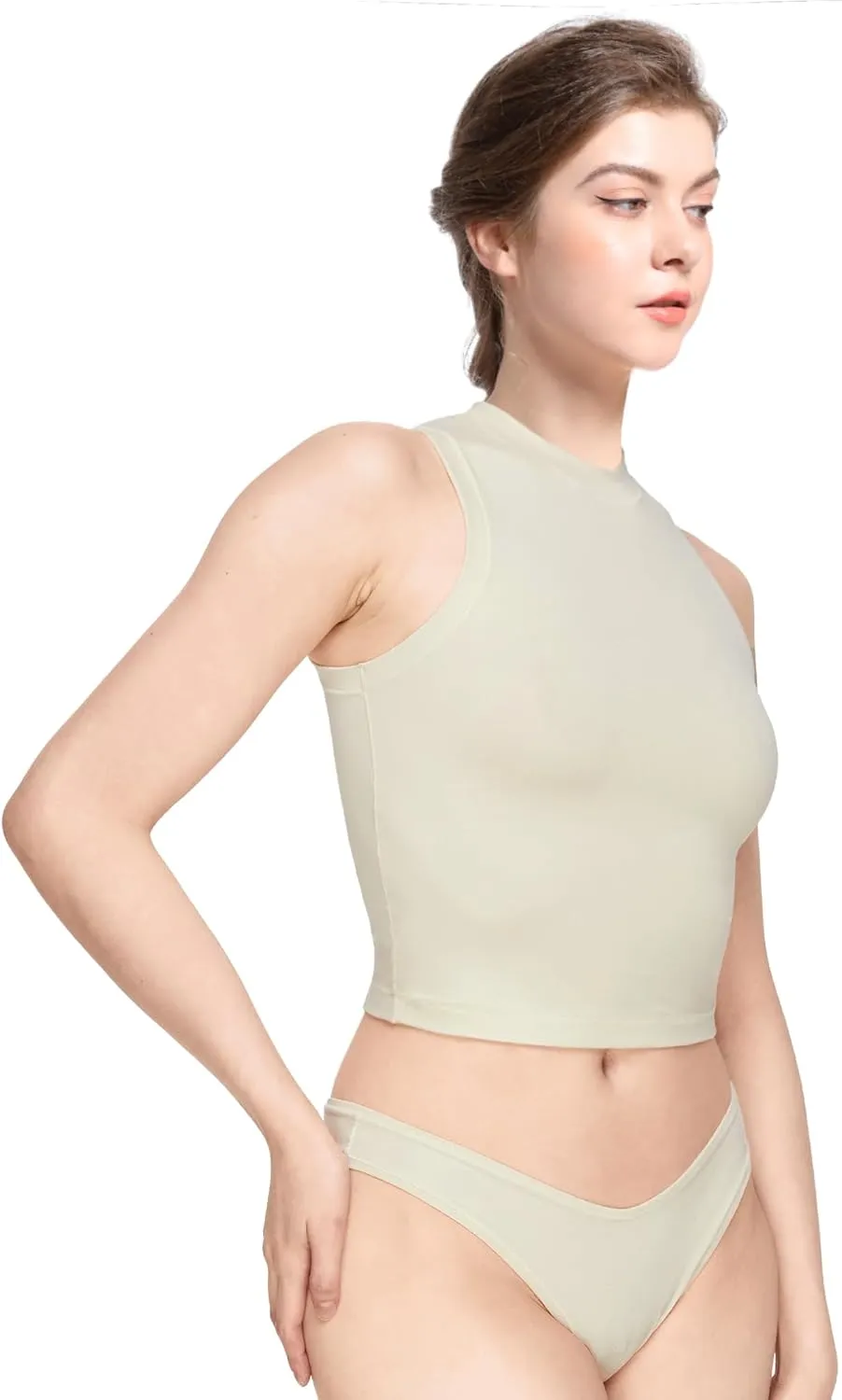 YIANNA Women's Sleeveless Crop Tops Cotton Slim Fit Basic Tee Mock Neck Tank Casual Going Out Top