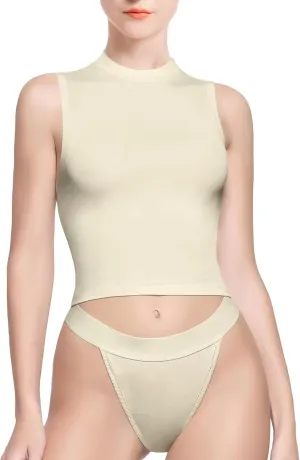 YIANNA Women's Sleeveless Crop Tops Cotton Slim Fit Basic Tee Mock Neck Tank Casual Going Out Top