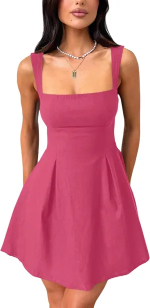 YMDUCH Women's Sexy Sleeveless Square Neck Adjustable Straps Bow Tie A-line Mini Party Club Dress