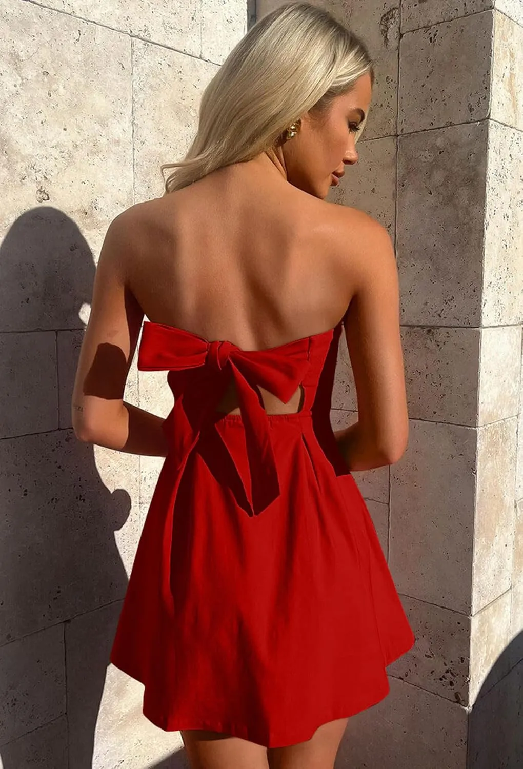 YMDUCH Women's Sexy Sleeveless Strapless Bow Tie A Line Party Club Short Mini Dress