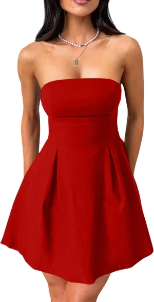 YMDUCH Women's Sexy Sleeveless Strapless Bow Tie A Line Party Club Short Mini Dress