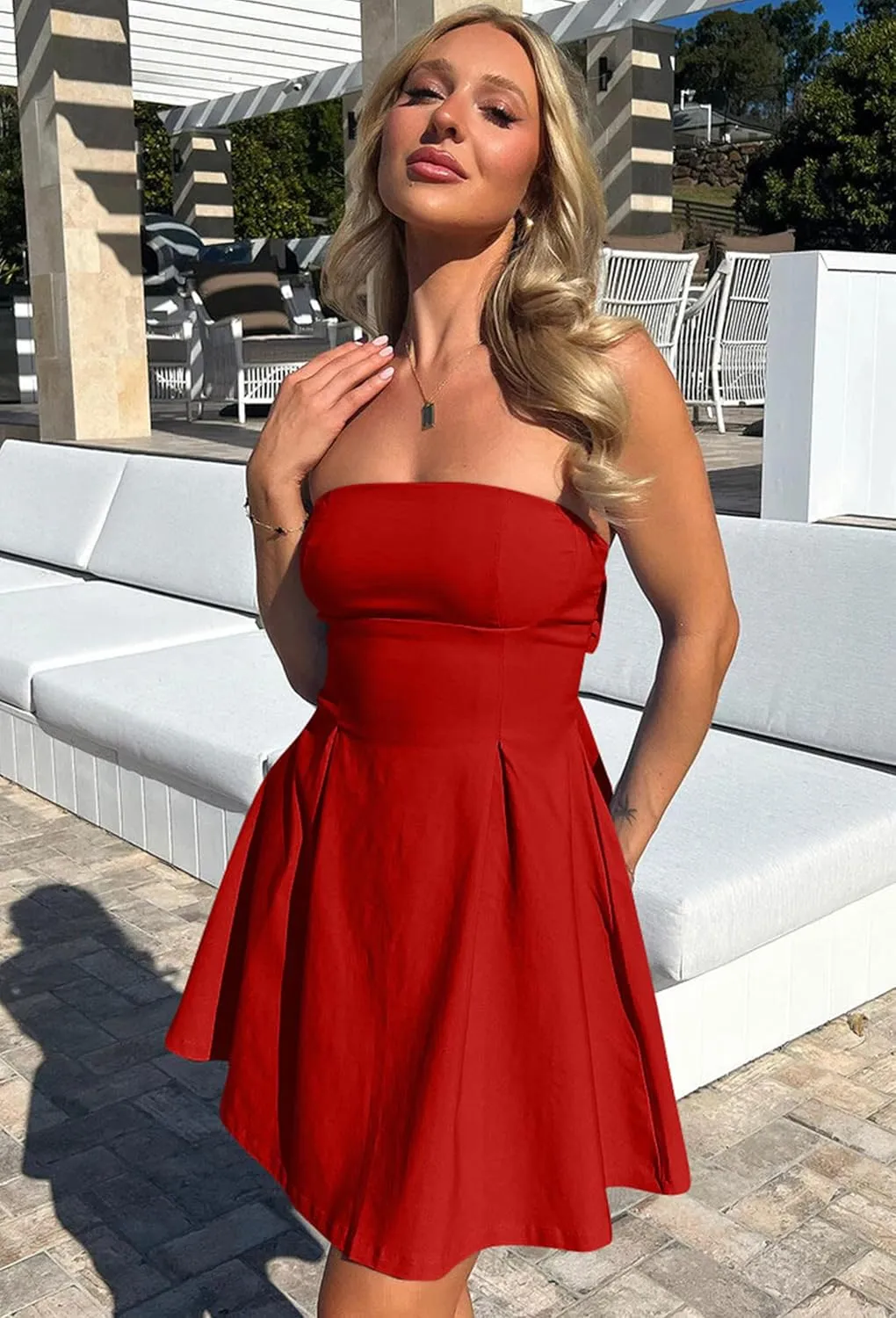 YMDUCH Women's Sexy Sleeveless Strapless Bow Tie A Line Party Club Short Mini Dress