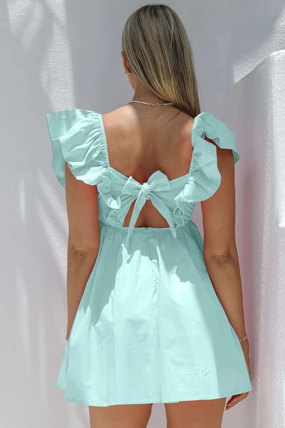Zebaexf Womens Spring Summer V Neck Knot Back Causal Strap Short Flowy Swing Mini Dress
