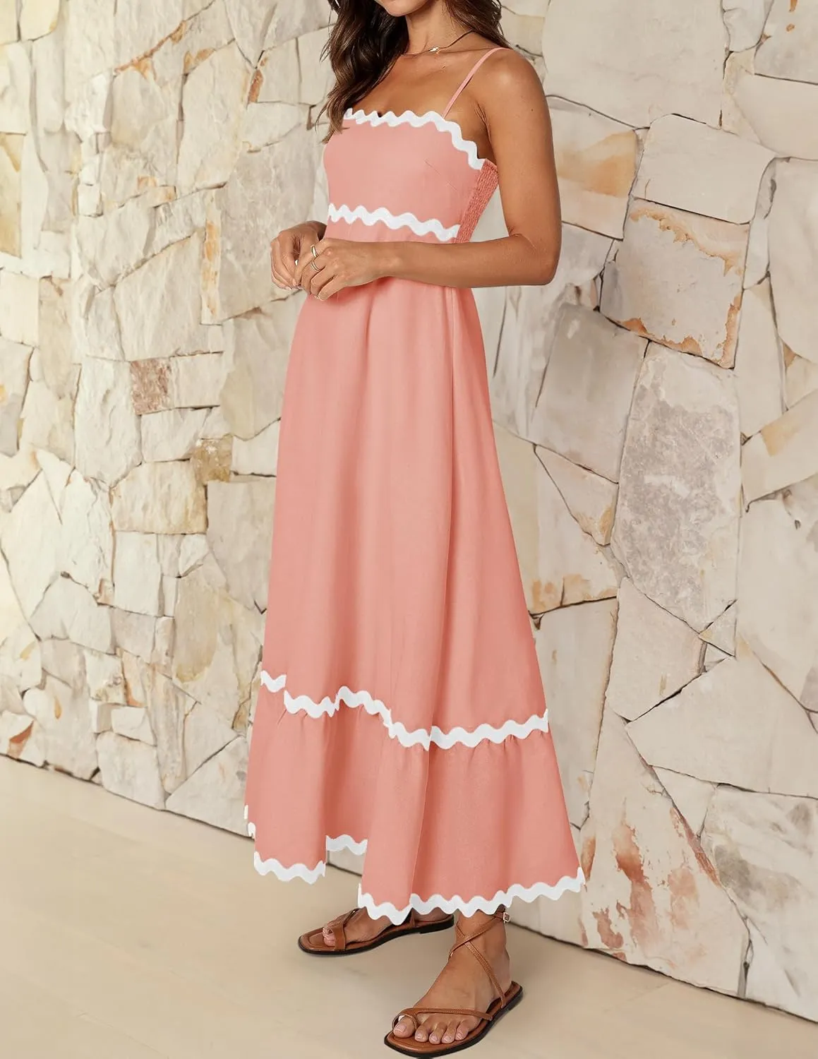 ZESICA Women's 2025 Summer Spaghetti Straps Sleeveless Backless Sundress Flowy Smocked Lace Swing A Line Midi Dress
