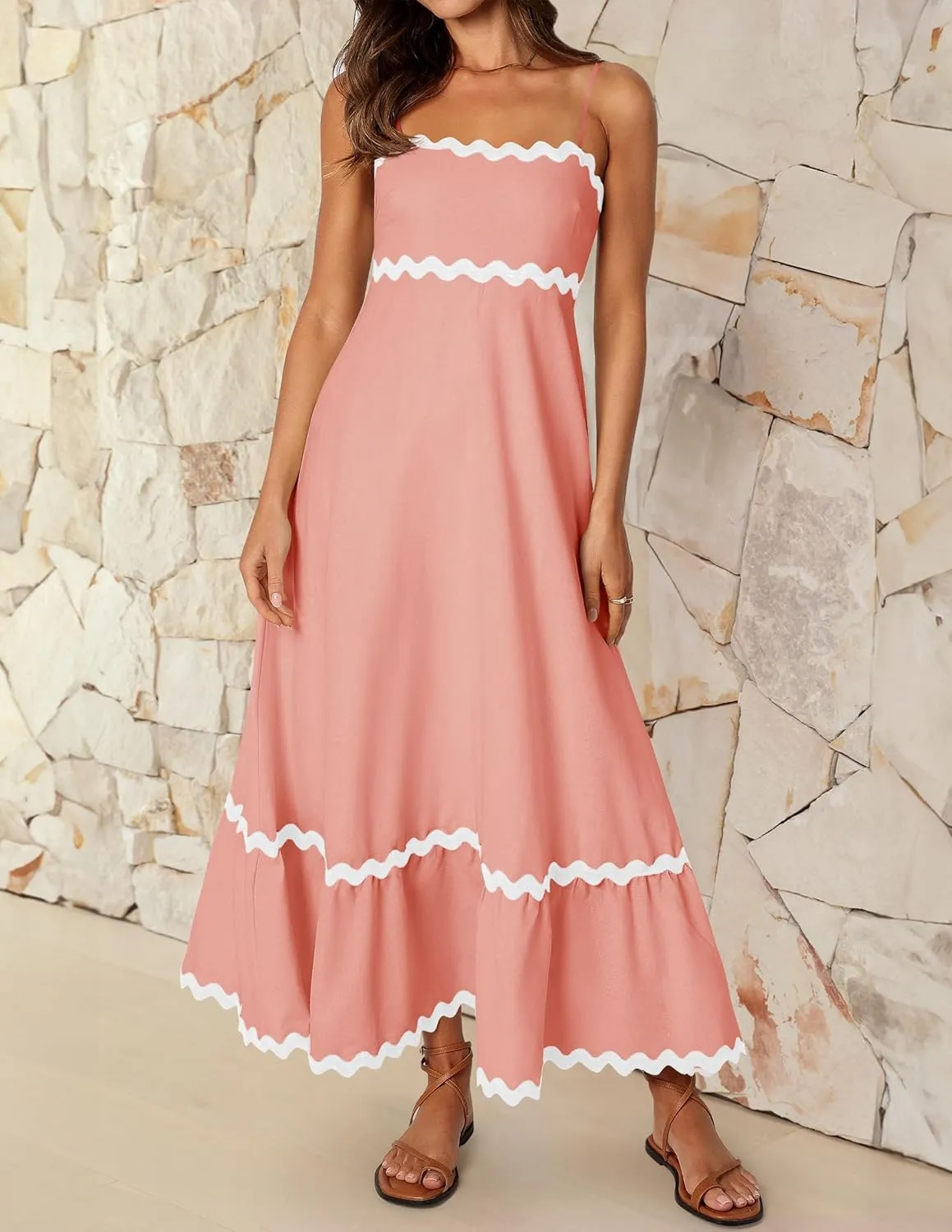 ZESICA Women's 2025 Summer Spaghetti Straps Sleeveless Backless Sundress Flowy Smocked Lace Swing A Line Midi Dress