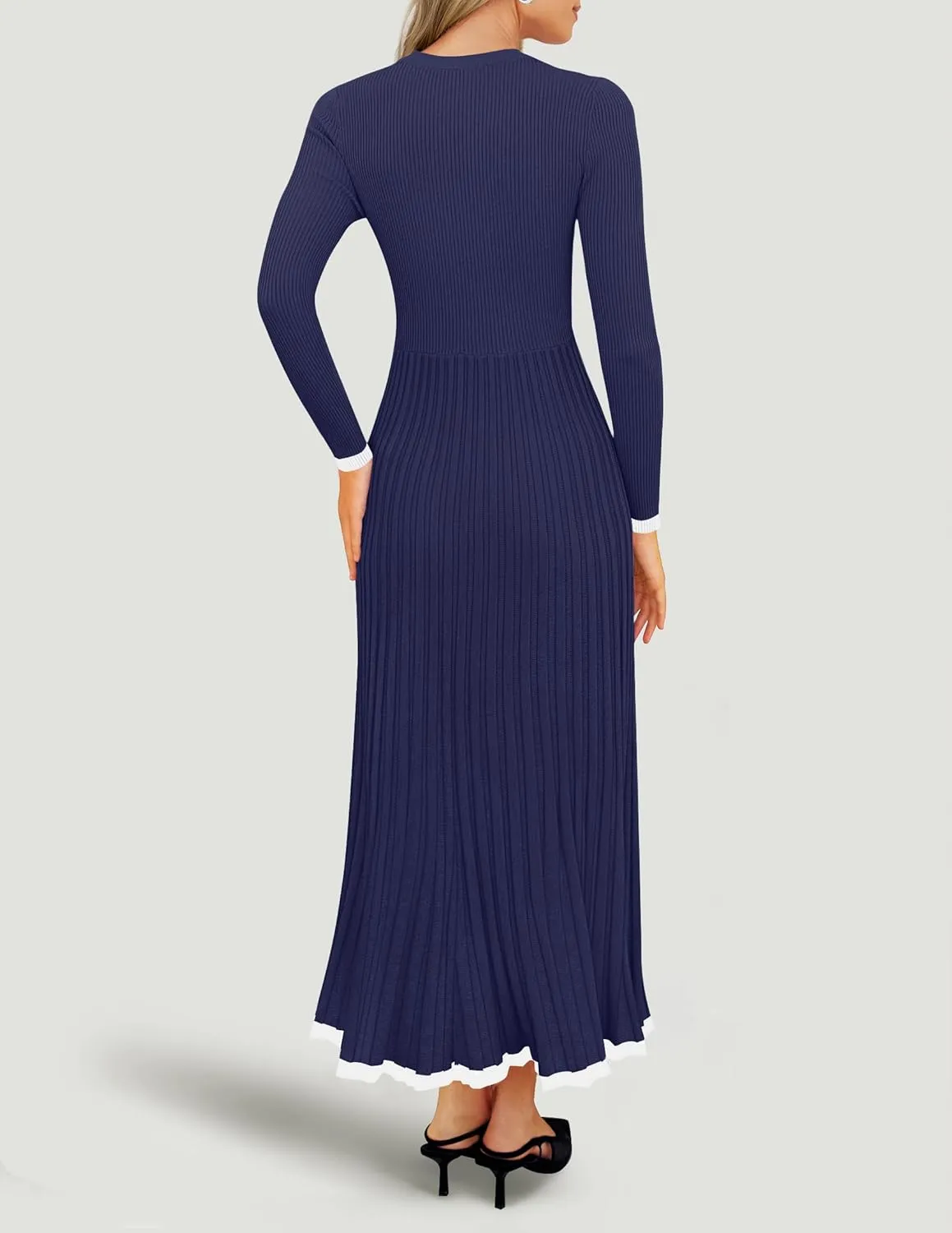 ZESICA Women's Long Sleeve Sweater Dress Fall Crewneck Ribbed Knit Pleated A-Line Maxi Wedding Guest Dresses