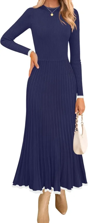 ZESICA Women's Long Sleeve Sweater Dress Fall Crewneck Ribbed Knit Pleated A-Line Maxi Wedding Guest Dresses