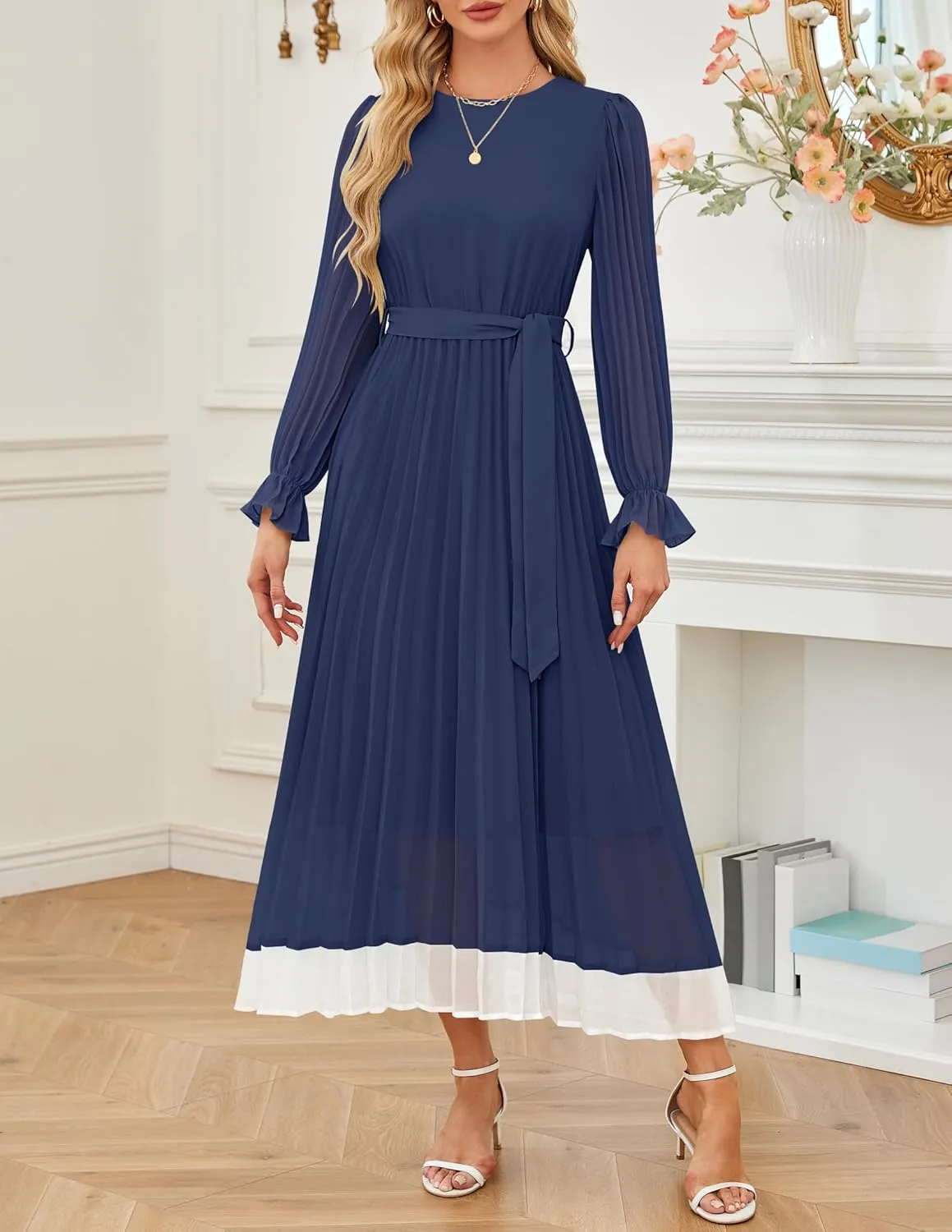 ZESICA Women's Spring Long Sleeve Chiffon Dress Casual Crew Neck Pleated A Line Flowy Midi Dresses with Belt