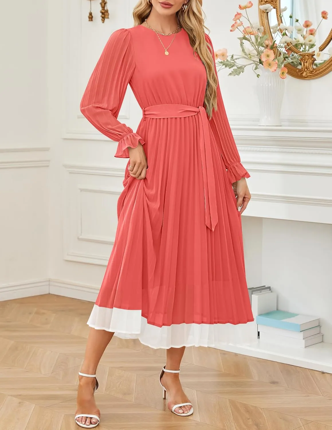 ZESICA Women's Spring Long Sleeve Chiffon Dress Casual Crew Neck Pleated A Line Flowy Midi Dresses with Belt