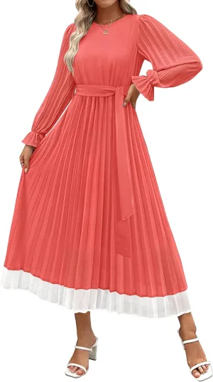 ZESICA Women's Spring Long Sleeve Chiffon Dress Casual Crew Neck Pleated A Line Flowy Midi Dresses with Belt