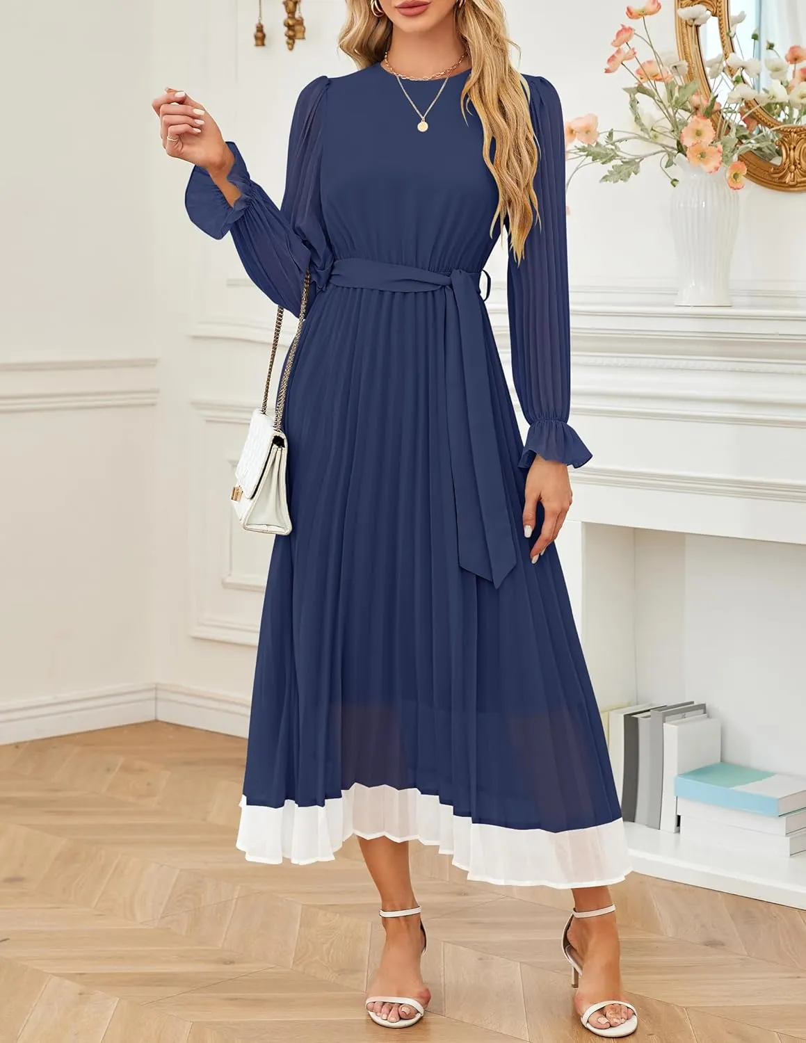 ZESICA Women's Spring Long Sleeve Chiffon Dress Casual Crew Neck Pleated A Line Flowy Midi Dresses with Belt