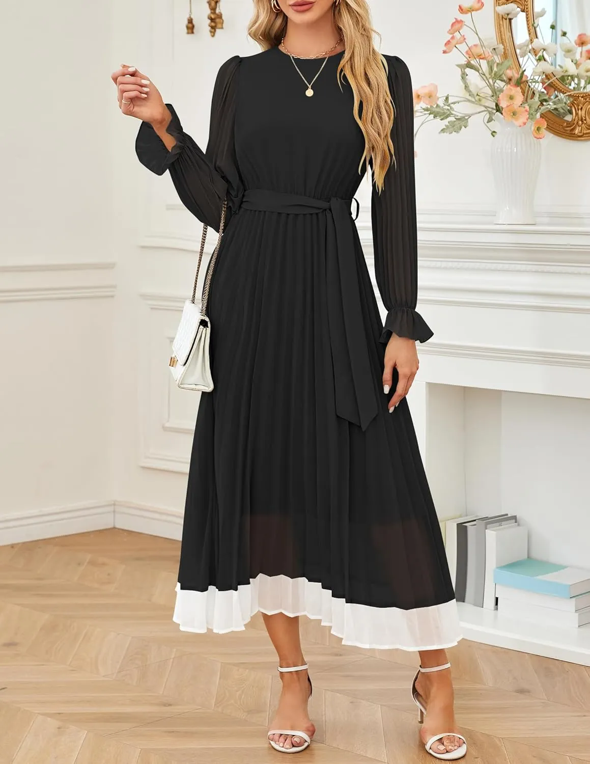 ZESICA Women's Spring Long Sleeve Chiffon Dress Casual Crew Neck Pleated A Line Flowy Midi Dresses with Belt