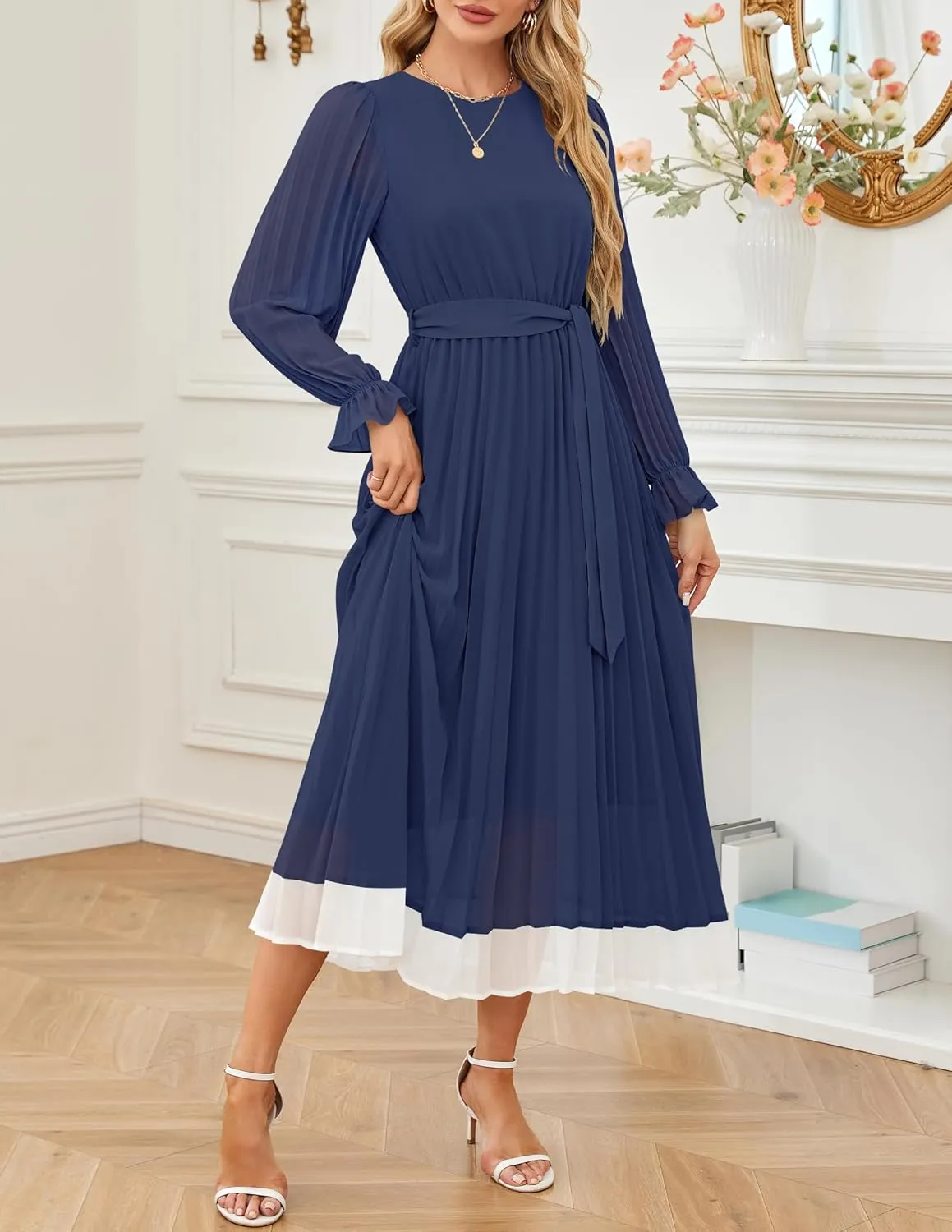 ZESICA Women's Spring Long Sleeve Chiffon Dress Casual Crew Neck Pleated A Line Flowy Midi Dresses with Belt
