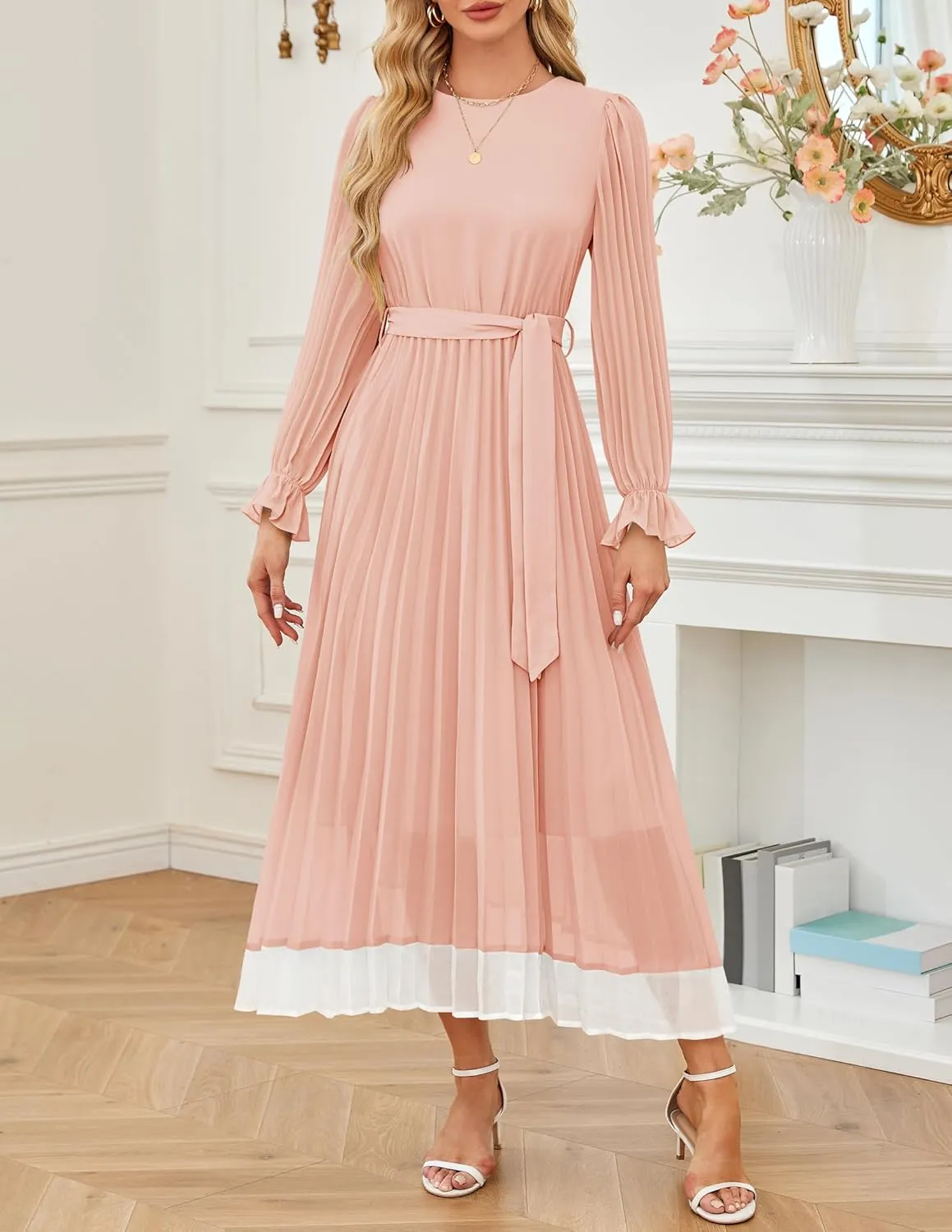 ZESICA Women's Spring Long Sleeve Chiffon Dress Casual Crew Neck Pleated A Line Flowy Midi Dresses with Belt