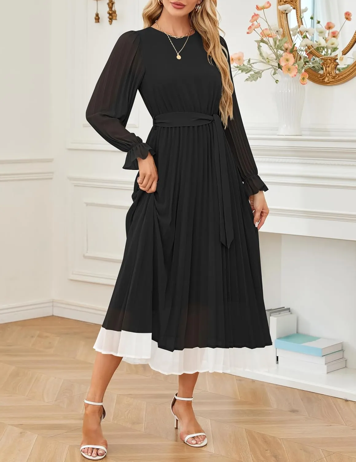 ZESICA Women's Spring Long Sleeve Chiffon Dress Casual Crew Neck Pleated A Line Flowy Midi Dresses with Belt