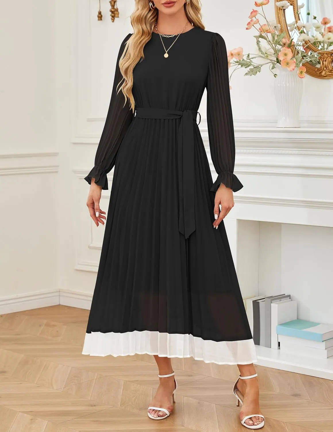 ZESICA Women's Spring Long Sleeve Chiffon Dress Casual Crew Neck Pleated A Line Flowy Midi Dresses with Belt