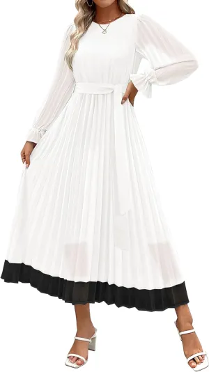 ZESICA Women's Spring Long Sleeve Chiffon Dress Casual Crew Neck Pleated A Line Flowy Midi Dresses with Belt