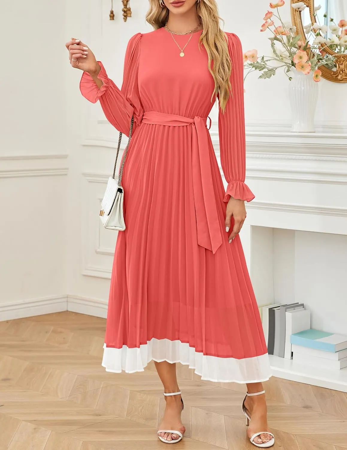 ZESICA Women's Spring Long Sleeve Chiffon Dress Casual Crew Neck Pleated A Line Flowy Midi Dresses with Belt