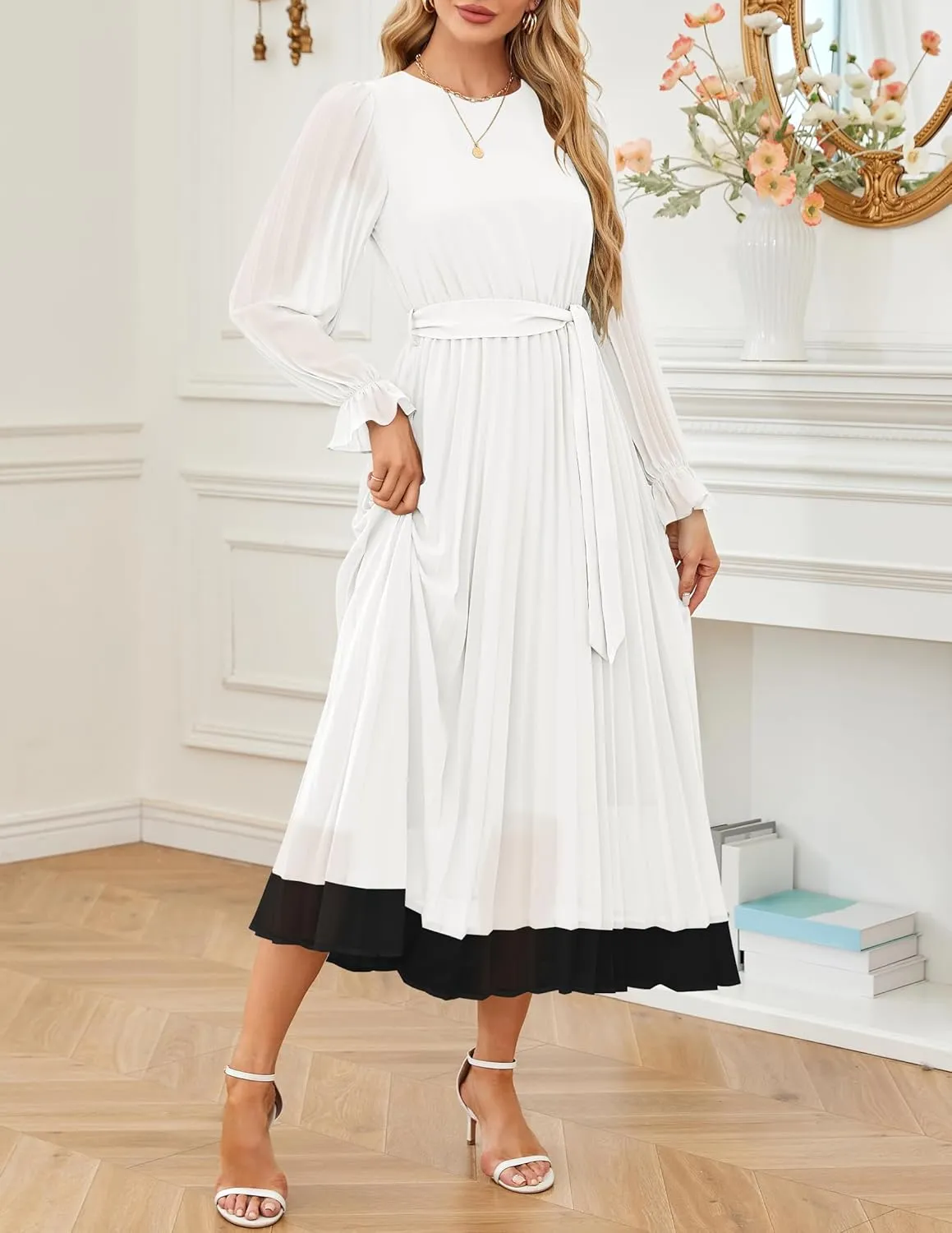 ZESICA Women's Spring Long Sleeve Chiffon Dress Casual Crew Neck Pleated A Line Flowy Midi Dresses with Belt