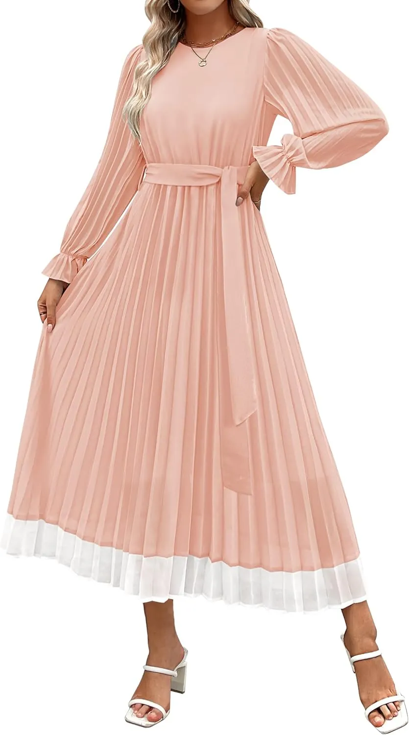 ZESICA Women's Spring Long Sleeve Chiffon Dress Casual Crew Neck Pleated A Line Flowy Midi Dresses with Belt