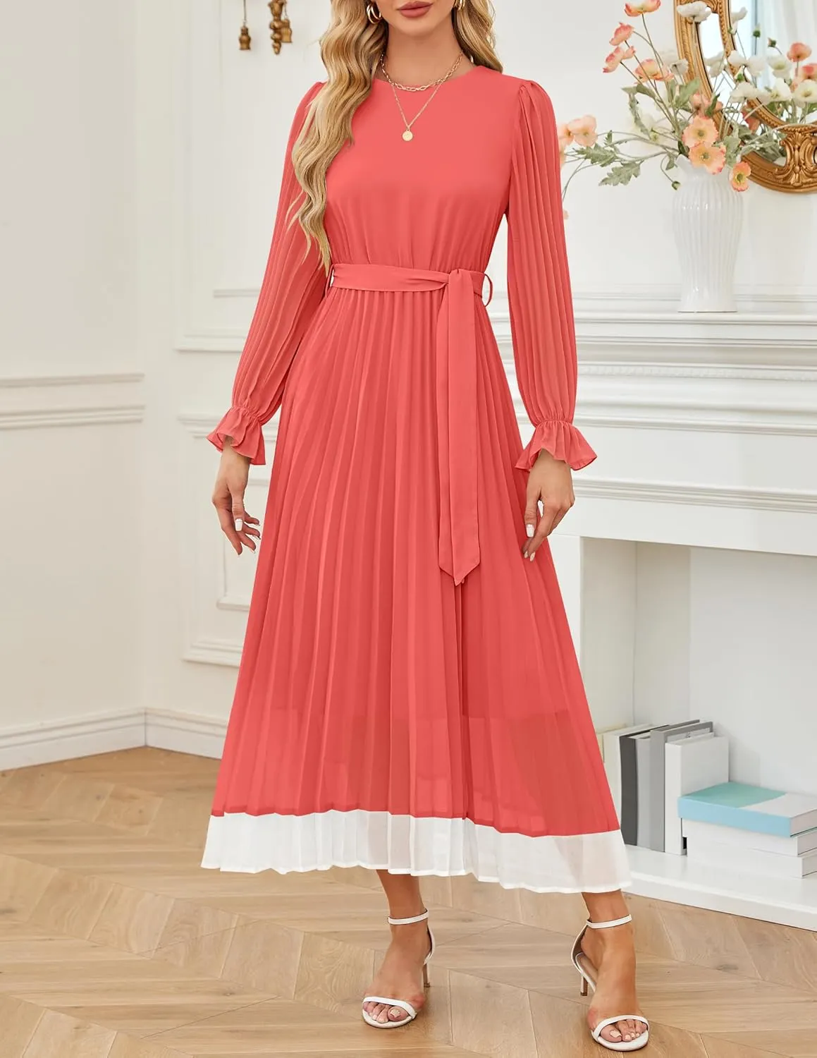 ZESICA Women's Spring Long Sleeve Chiffon Dress Casual Crew Neck Pleated A Line Flowy Midi Dresses with Belt